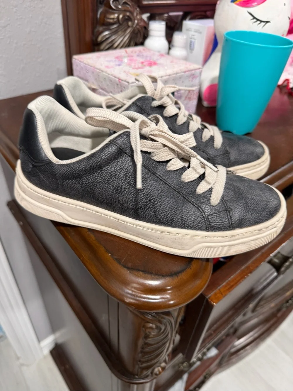 Coach Black Leather Low-Top Sneakers with Cream Soles and Laces